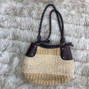 Brighton straw handbag purse, tan/white woven with dark leather finishes.
